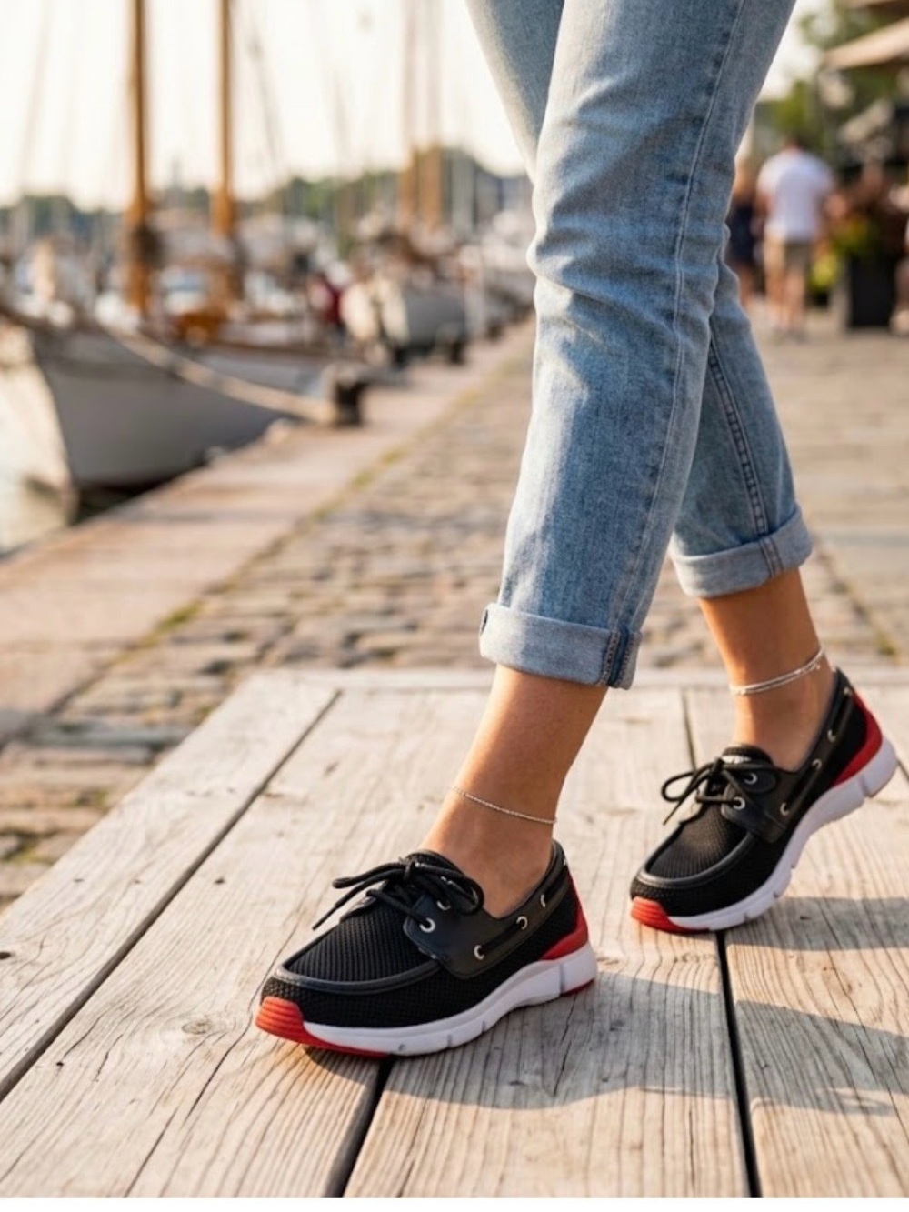 Hunter Women’s Black Mesh Sneakers with Red Accents